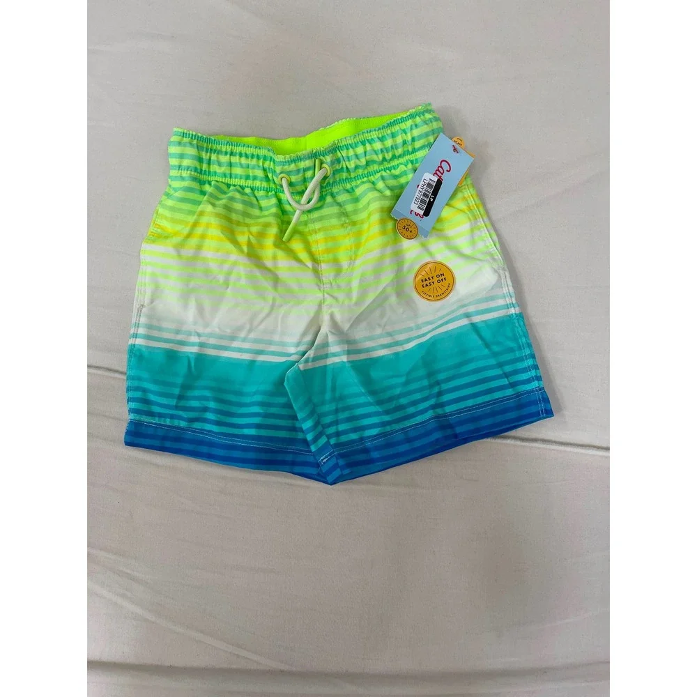 Cat & Jack Boys Striped Swim Trunks Green Blue UPF 50+ Size S 6/7